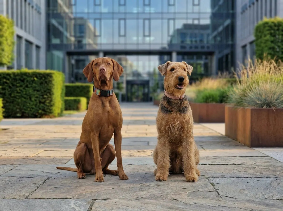 Ken und Huba, die Hunde der Gründer, im urbanen Alltag.