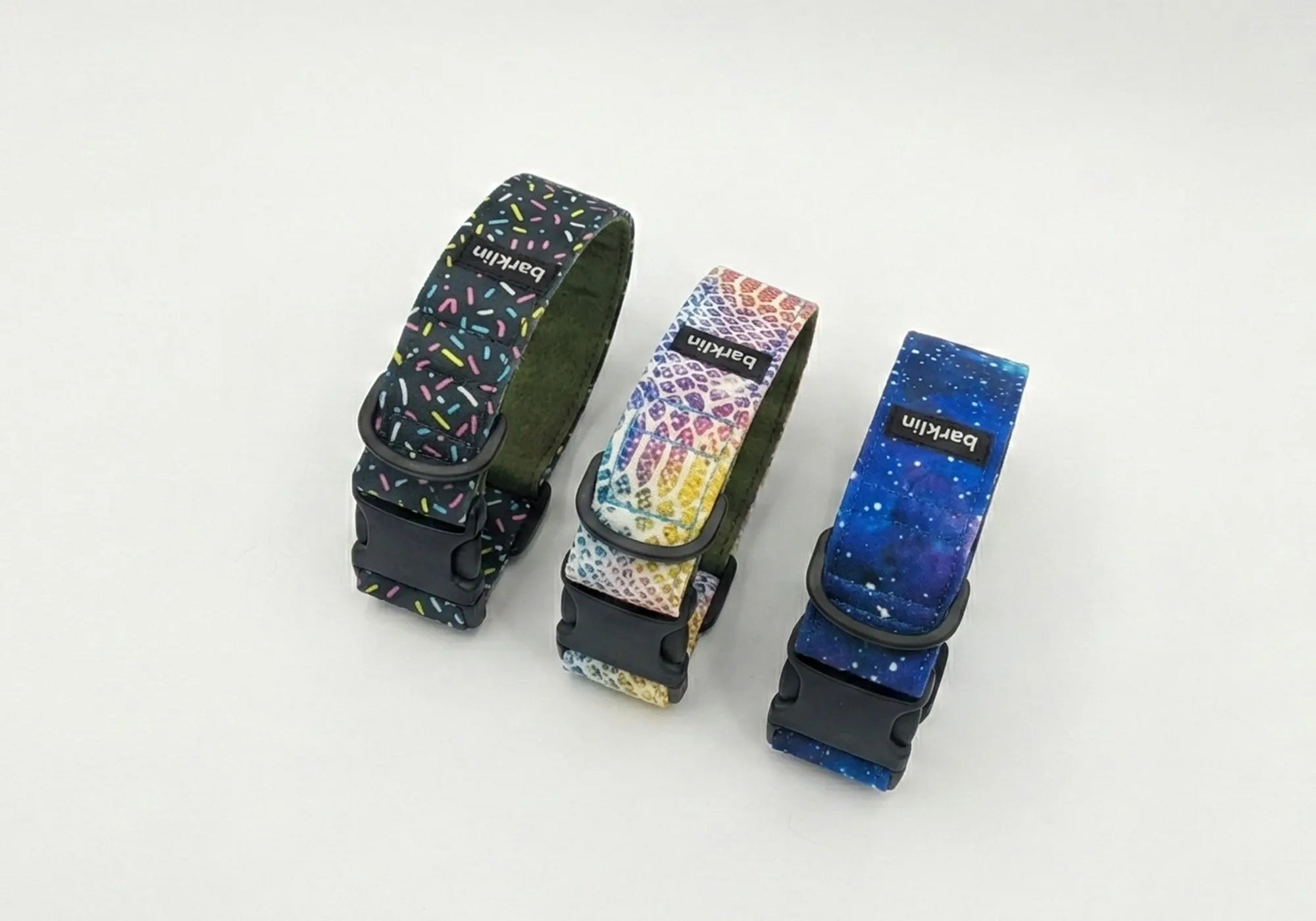 Three Playful Digital drop dog collars in 4 cm width shown in product group on studio white background, EU-made.