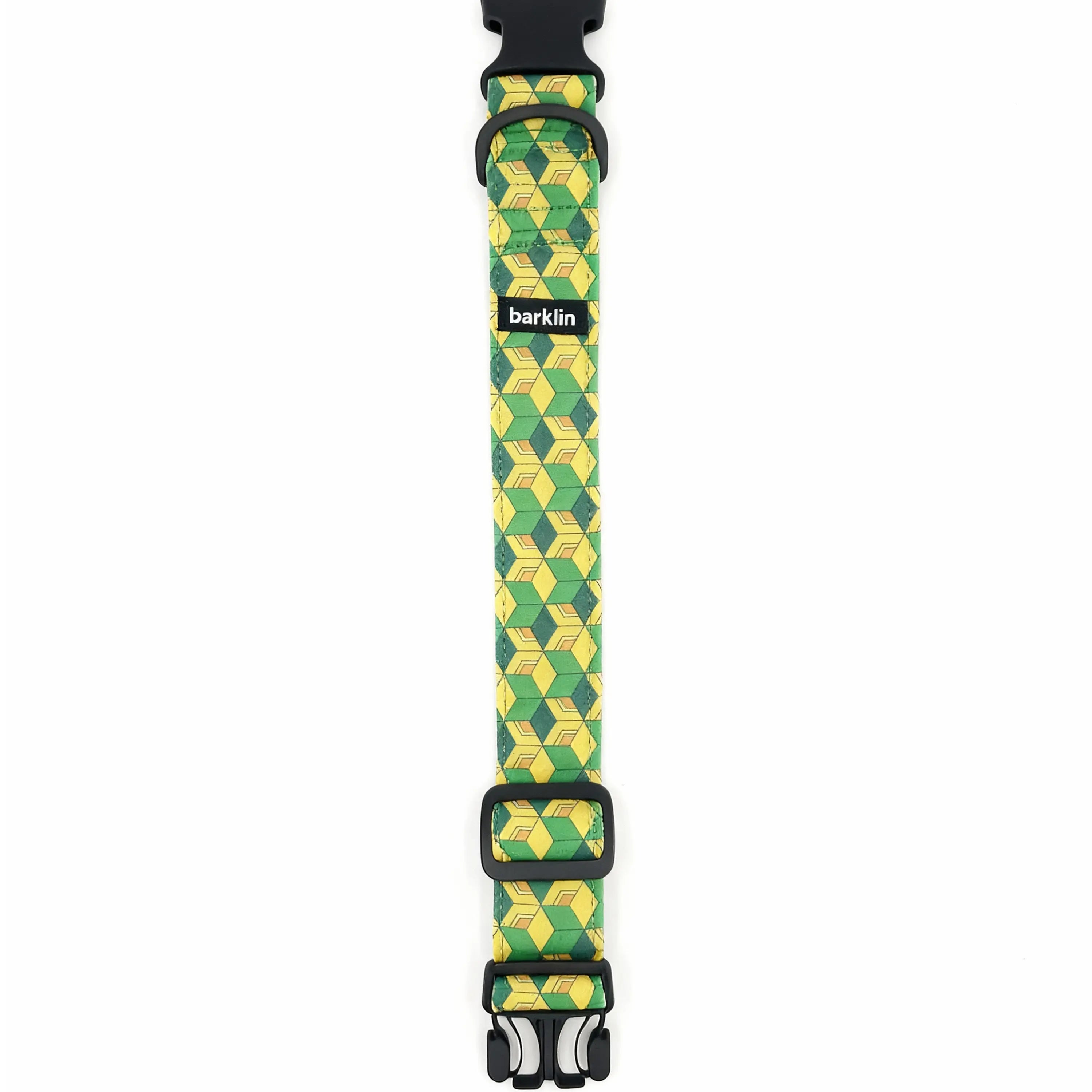 Pixel Grid dog collar in 4 cm width shown in full flat-lay, pattern-first view, REPREVE canvas strap with ECONABLE buckle, EU-made.