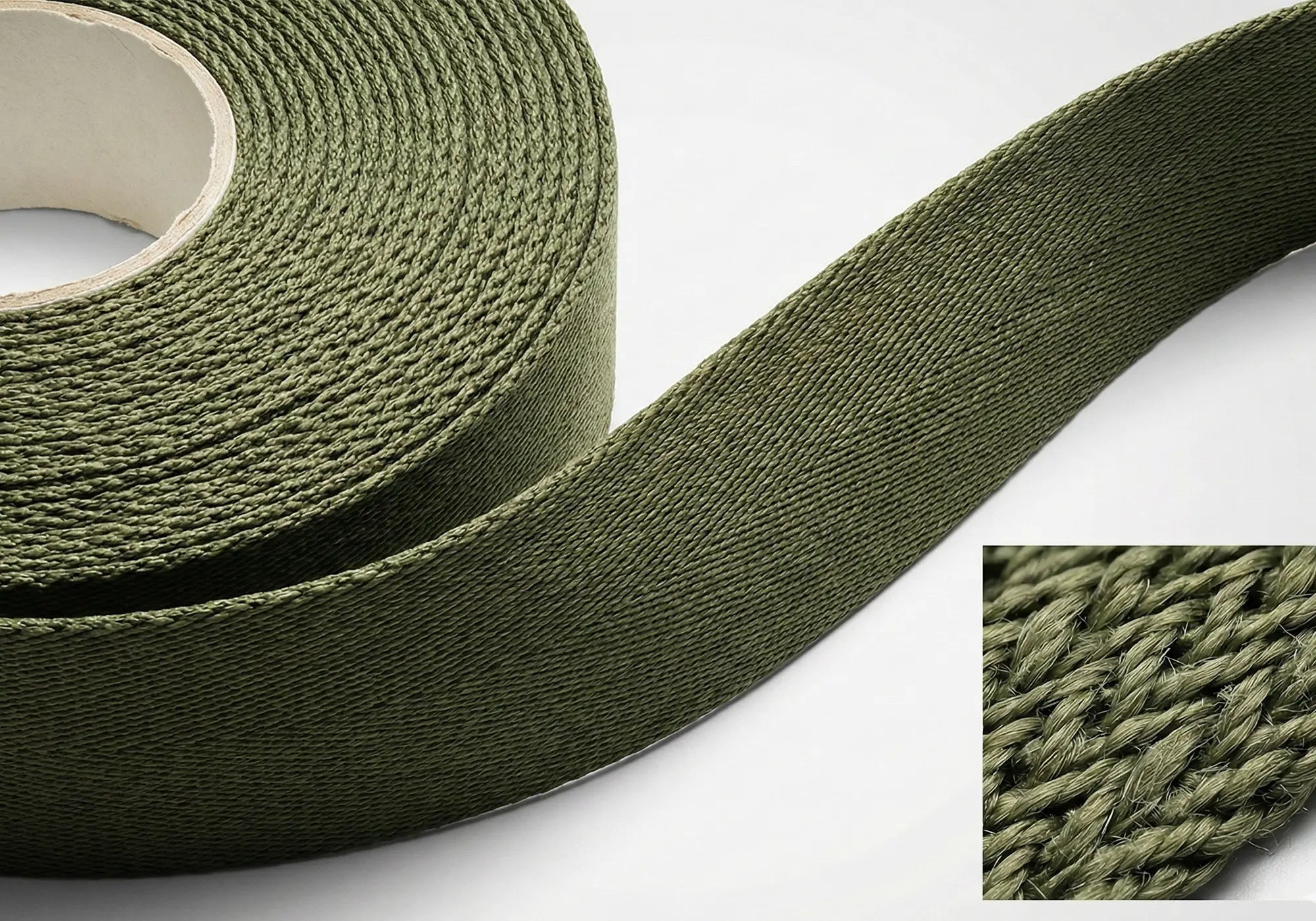 ECONYL regenerated nylon webbing roll in olive green, raw material transparency image.