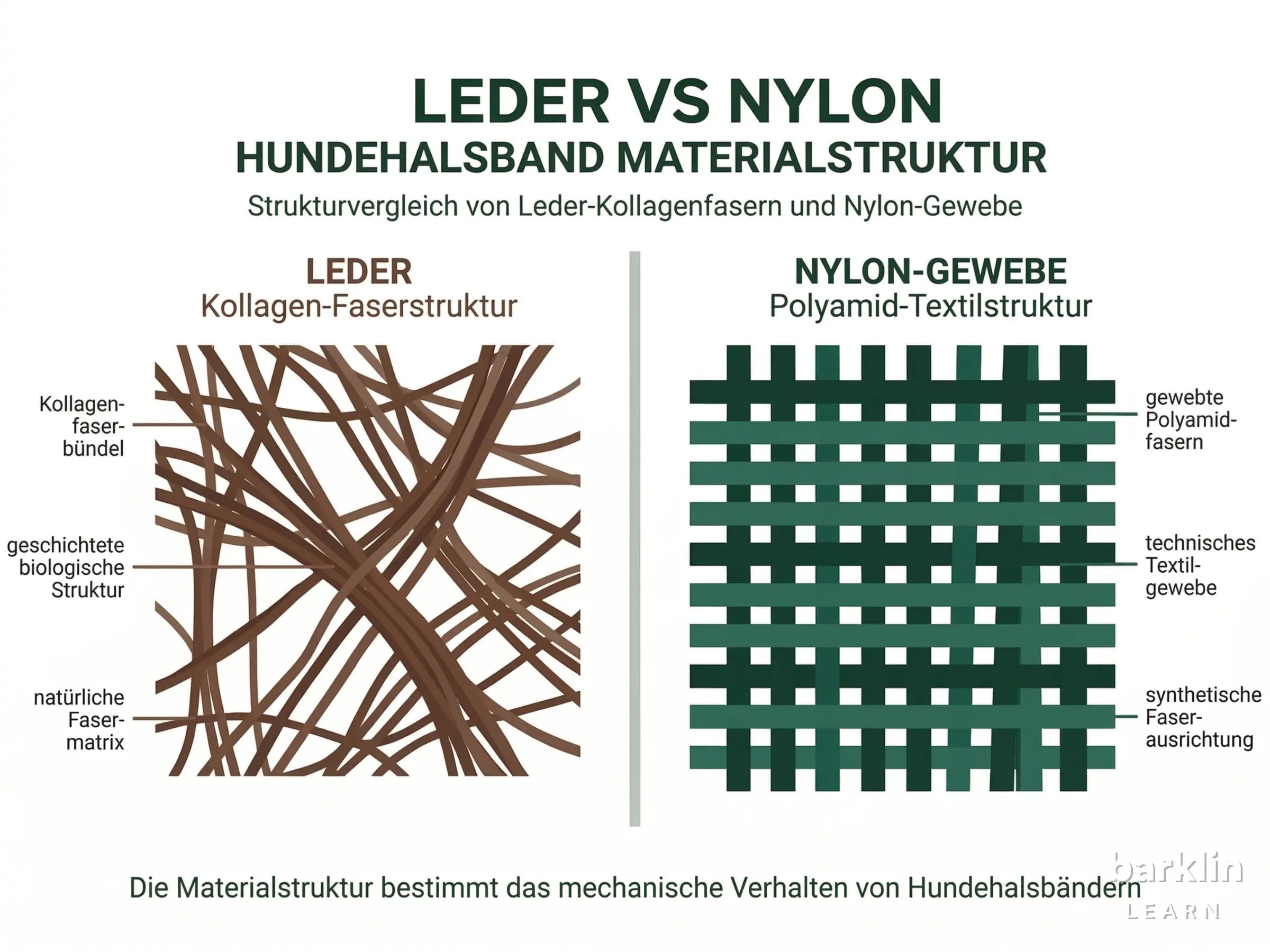 Diagramm zur Materialstruktur von Leder und Nylon bei Hundehalsbändern
