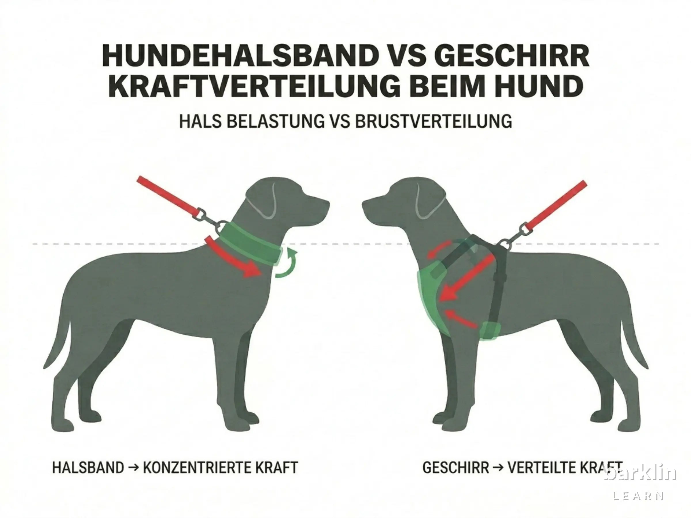 Schematischer Vergleich: Lastpfad Hundehalsband (Hals) vs. Hundegeschirr (Brustkorb) bei gleicher Zugkraft