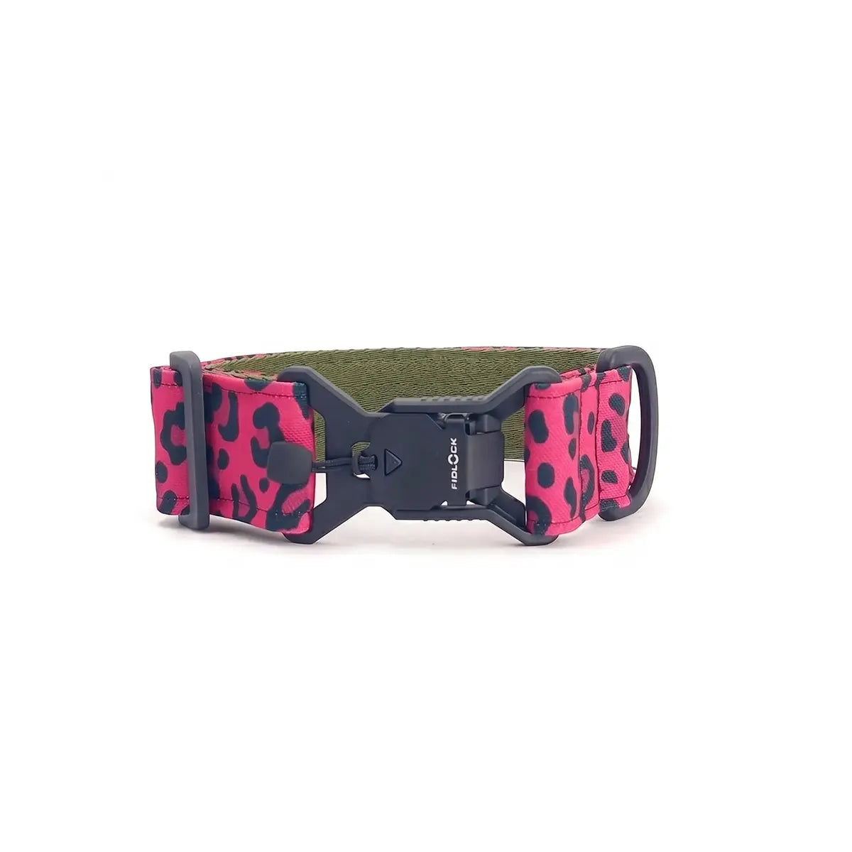 Breites Hundehalsband 4 cm Pop Leopard Muster mit magnetischer Fidlock Schnalle zeigt Verschlussmechanismus
